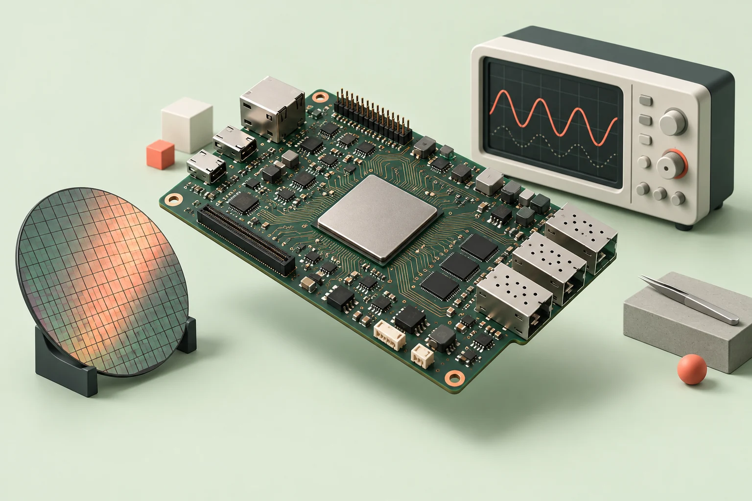 Concept illustration of a development board, silicon wafer and oscilloscope
