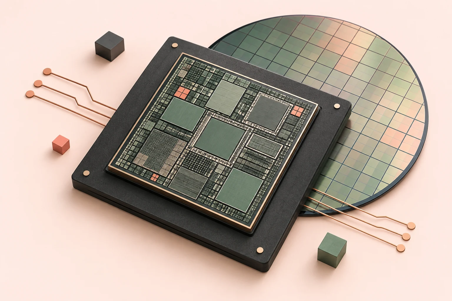 Concept illustration of a semiconductor die and wafer