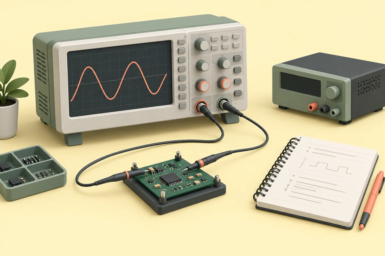 Concept illustration of a board under test with an oscilloscope and notebook